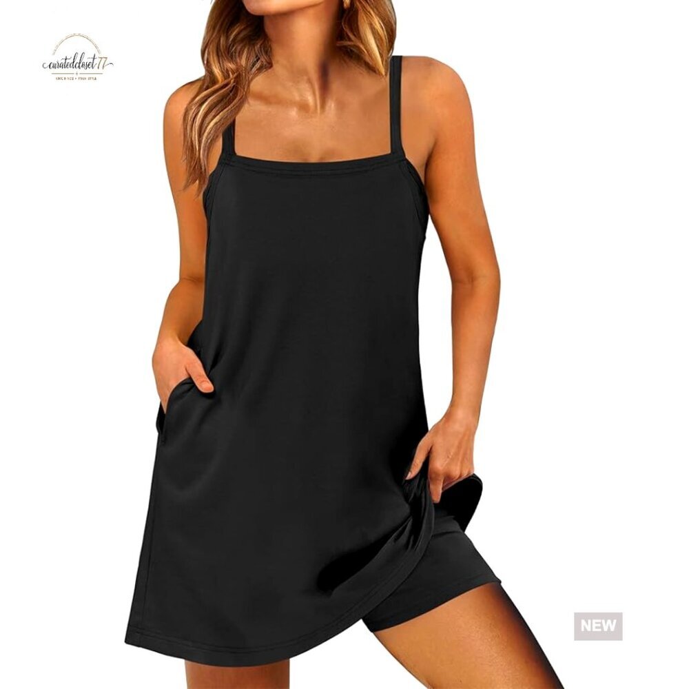 Athletic Romper Dress with Built-In Shorts, Spaghetti Straps, Square Neck
